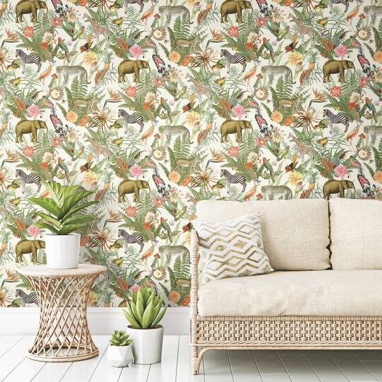 RoomMates Green Tropical Zoo Peel & Stick Wallpaper
